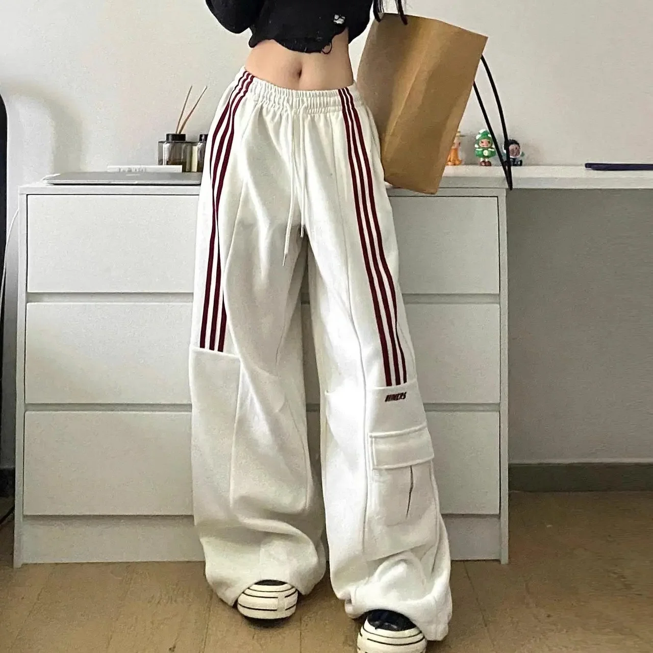 New In Women's Sweatpants Casual Matching Wide Leg Pant Chic Sportswear Loose Cargo Pants Drawstring Joggers Baggy Streetwear