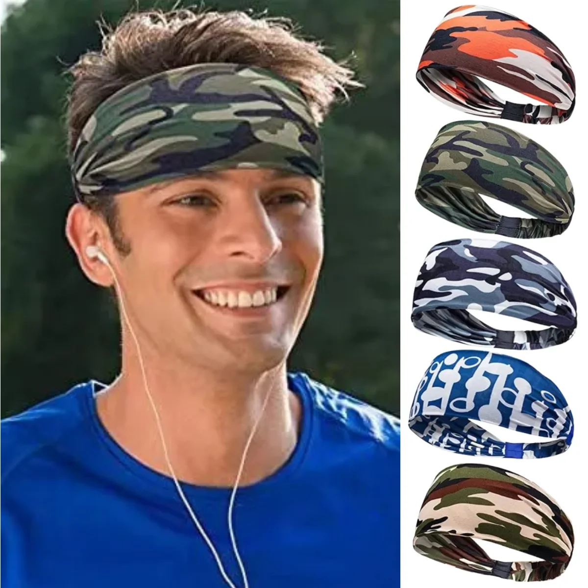 Camouflage Print Mens Sports Sweatband Stretch Elastic Gym Running Tennis Headbands Quick Dry Breathable Women Yoga Hair Bands
