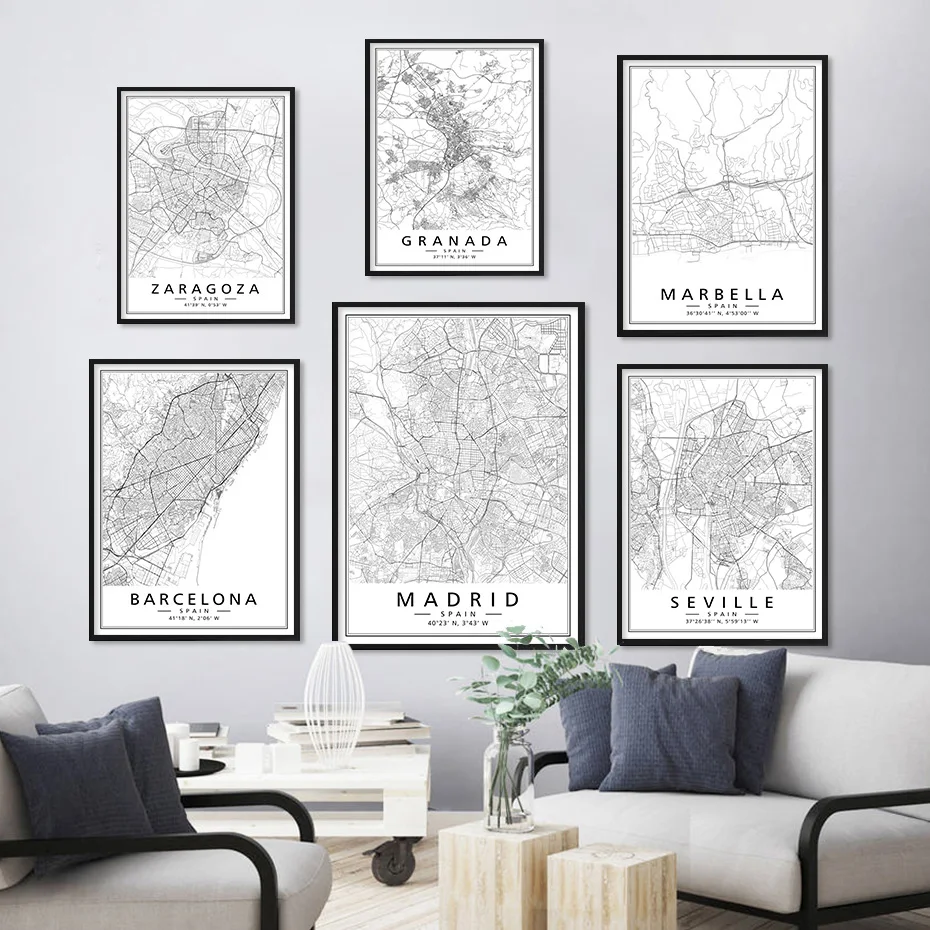 Frameless 1pc frameless Canvas painting Minimalist Black White Spain Cities Maps MARIDA BARCELONA Modern Posters Prints Wall Art