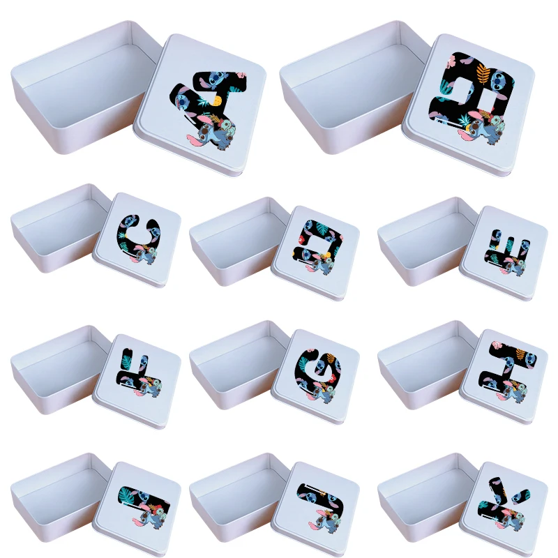 

Anime Stitch Letter A-Z Printed Cartoon Creative Tinplate Box Kawaii Large Capacity Jewelry Stationery Candy Storage Case Gifts