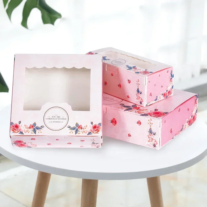 10PCS Paper Gift Box With Window Pink Flower Cupcake Box Packaging Boxs For Cake Candy Cookies Christmas Party Favors