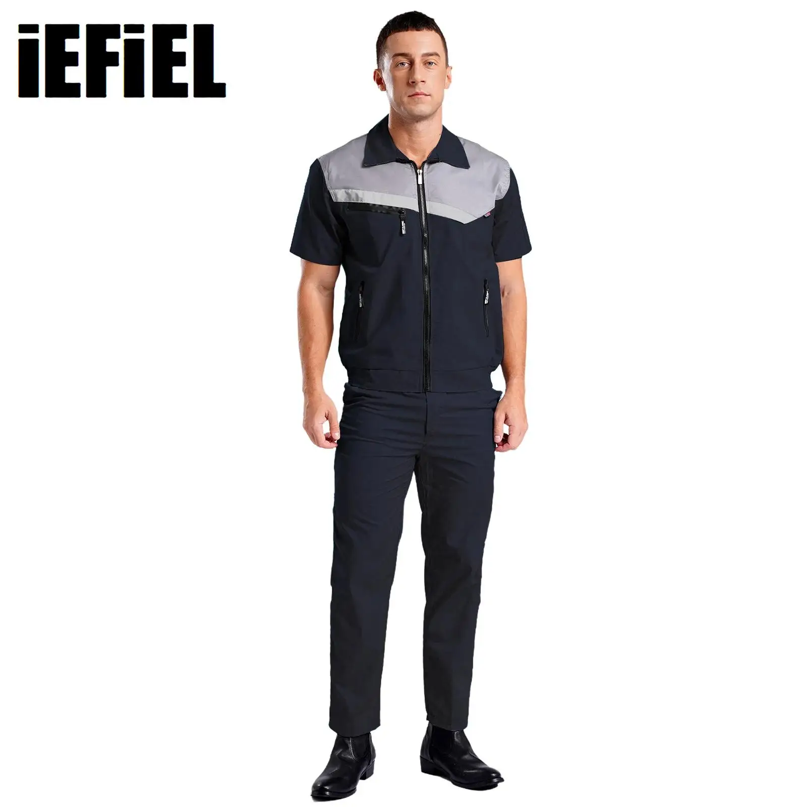 Unisex-Arbeitsoutfit für Herren und Damen, verschleißfest, kurzärmelig, reflektierende Streifen, Jacken, Oberteil und Hose, Overalls, Arbeits-Latzhose