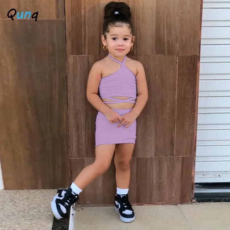 Qunq Summer New Girls Solid Hanging Neck Skinny Sleeveless Top + Skirt 2 Pieces Set Fashion Lovely Casual Kids Clothes Age 3T-8T