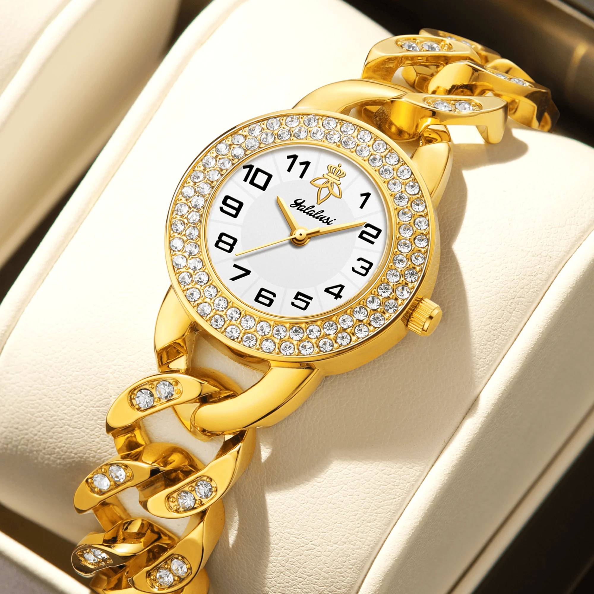 YaLaLuSi Glam Gold Ladies Wristwatch Round Full Rhinestone Bezel White Arabic Dial Crystal Decorated Curb Chain Band Fashion Quartz Watch For Dating Evening Wedding Occasions