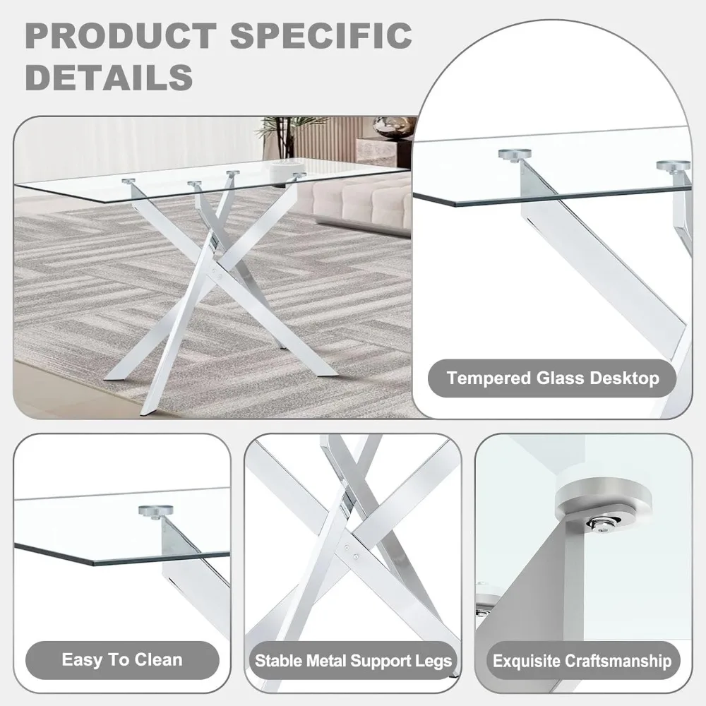 طقم طاولة طعام زجاجية مقاس 51 بوصة لـ 4، طاولة مطبخ زجاجية مستطيلة مع 4 كراسي مخملية منجدة، 5 قطع حديثة #6