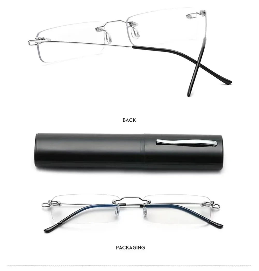Anti-Blau Randlose Lesebrille Quadratische Metall Presbyopie Brillen Mit Fall Brillen männer Gläser Für Anblick Plus + 4 – Detail 7