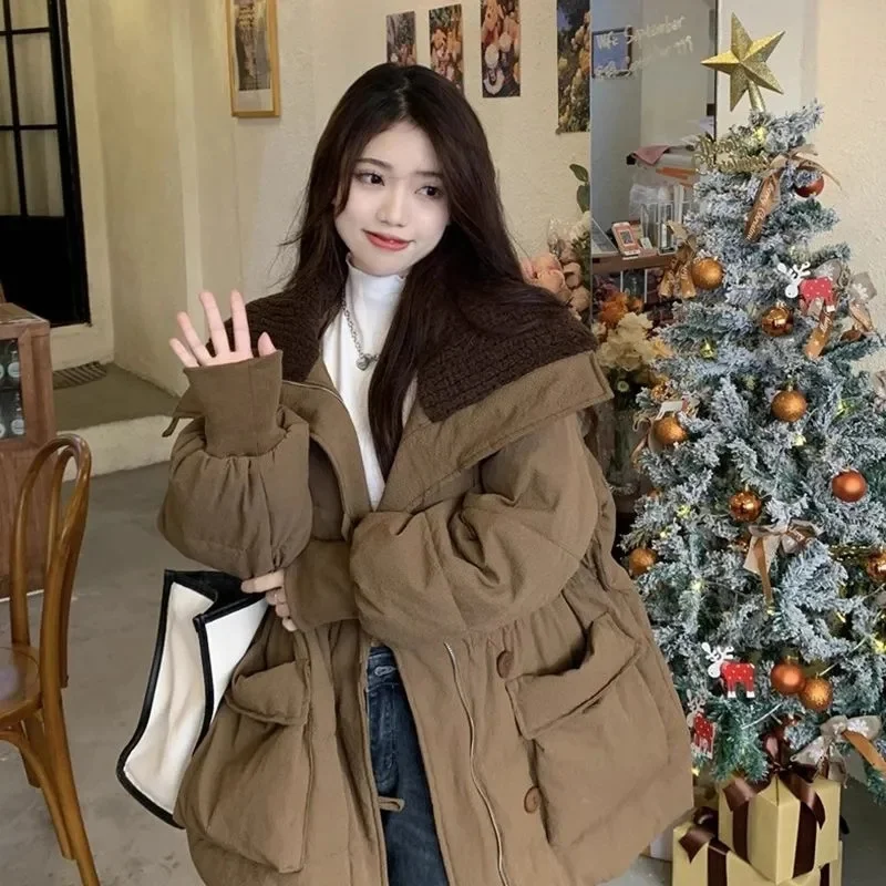 

2025 Autumn Winter Women Parka Casual Loose Cotton-padded Jacket Long Sleeve Button up Thicken Warm Lambswool Puffer Coat
