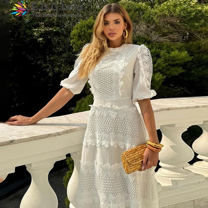 EDGLuLu Retro O Neck Lantern Sleeve Casual Women's Long Dresses Hollow Embroidery Lace Patchwork Asymmetric White Dress 1224