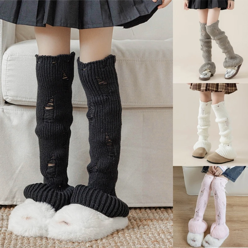 Kids Ripped Leg Warmers Flared Bottom Girls Cable Knit Slouchy Leggings Dropship