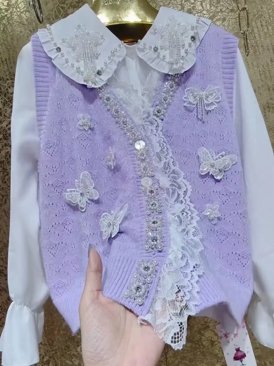 فاخر فريد تصميم المرأة تريكو سترة سترة صوف من دون أكمام اتجاهات 2025 الخريف محبوك ملابس امرأة