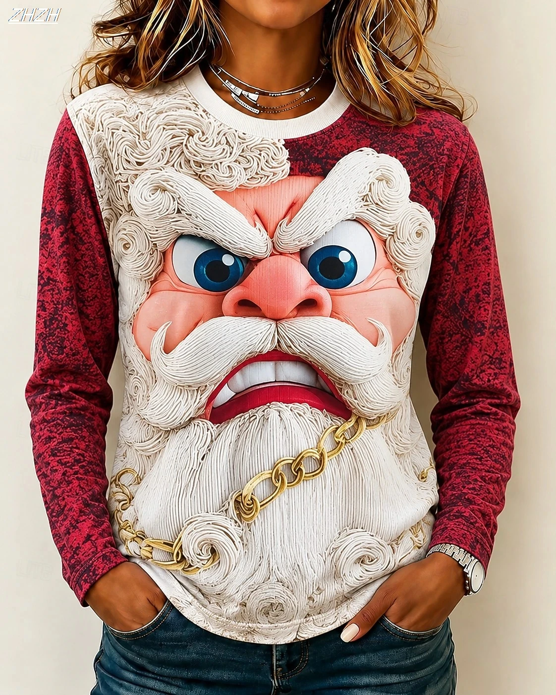 Women Long Sleeve + Christmas Costume Party + Funny 3D Texture Santa Face Graphic POD + Crew Neck T-Shirt