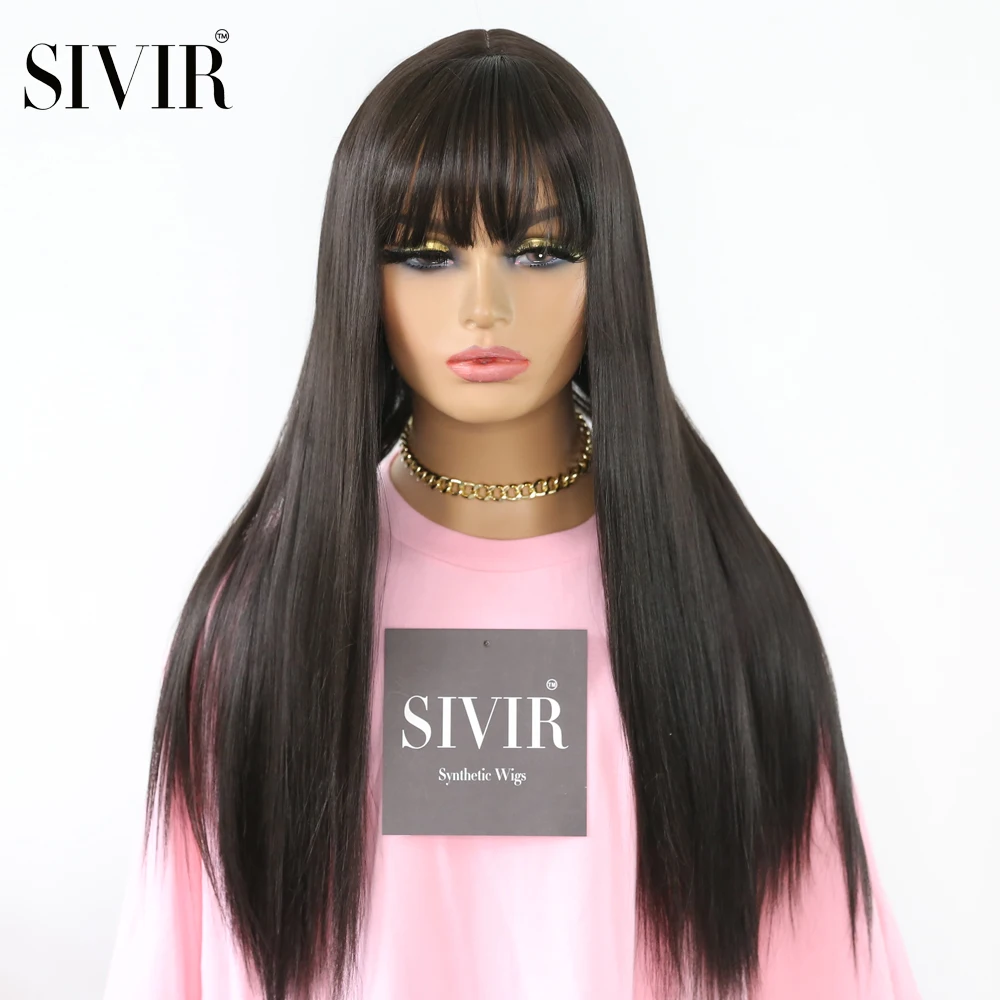 Sivir Synthetic Wigs 24inch Long Straight with Natural Bangs  Black color Wigs for Women Cosplay Wigs High Temperature Fiber