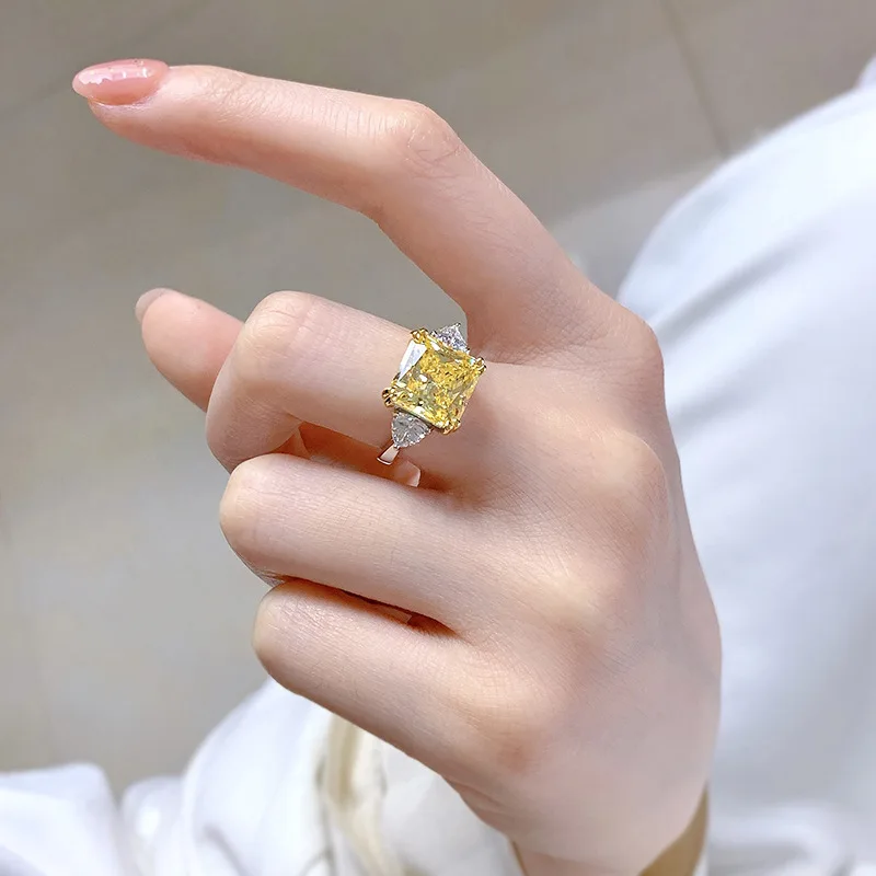 Apaison 2023 New S925 Silver High Carbon Diamond 5-Carat Square Pillow Yellow P ink Diamond Ring Simulation Ring Female