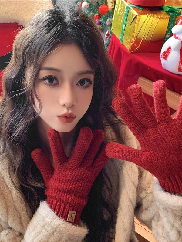 Winter Knitted Gloves Thickened Fleece Touchscreen Cycling Gloves Men Women Red Wool Cold Proof Cotton Warm Gloves Unisex
