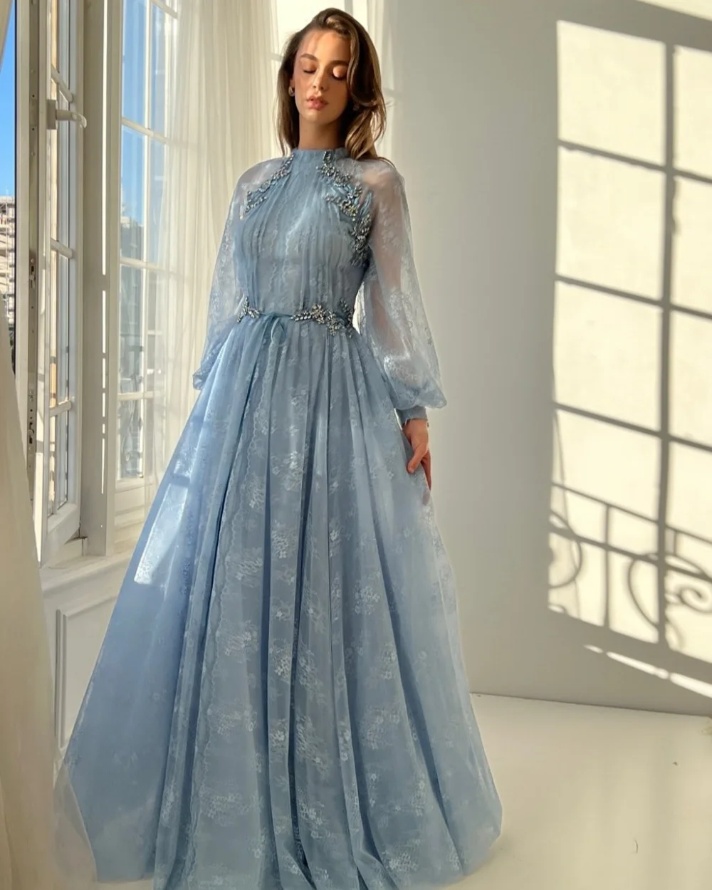 

Customized Elegant Women Lace Rhinestone Ruched A-line Evening Dresses Modern Style High Collar Long Sleeves Long Party Gowns