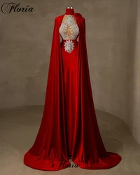 Dubai Muslim Red Evening Dresses Mermaid High Neck Wedding Party Dresses With Crystals Robes De Soirée Formal Occasion Gowns