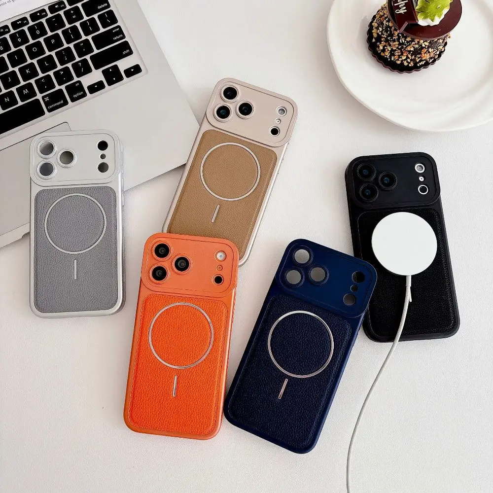 

Solid Color Leather Phone Case for iPhone 17 16 15 14 13 Pro Max with Back Support Magnetic Charging
