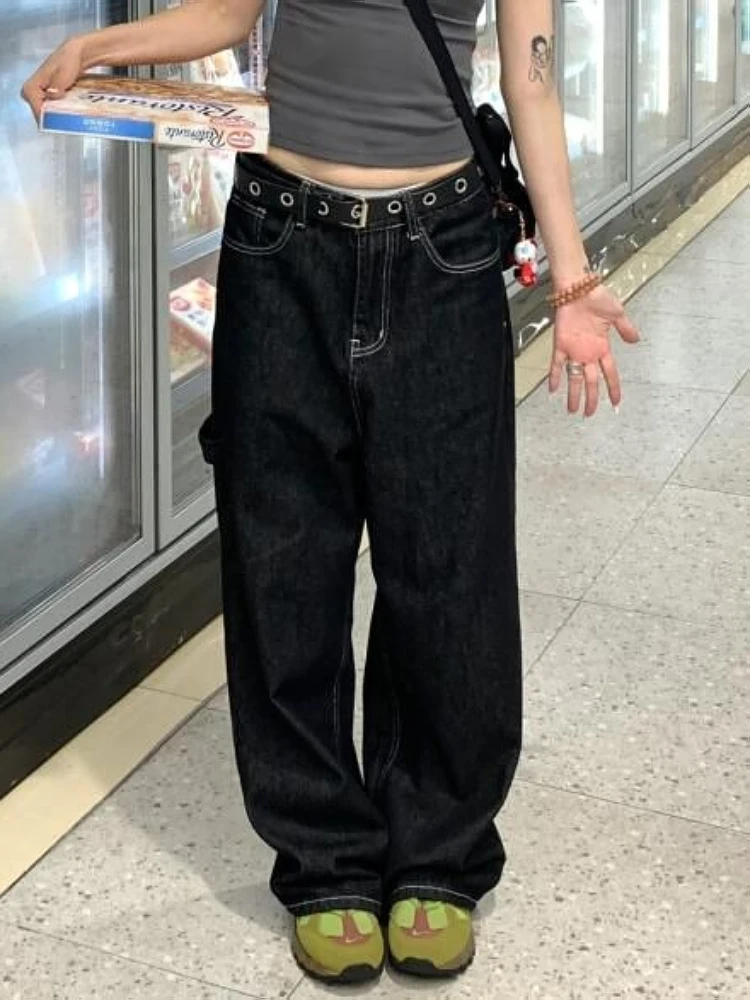 

Loose Fit High Waist Embroidered Denim Jeans Women's Vintage Washed Straight Leg Wide Leg Floor Length Pants Street Style