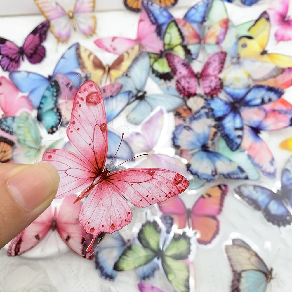 50 stücke Bunte Schmetterling PET Aufkleber Aufkleber Für Telefon Flasche Kühlschrank Gitarre Helm DIY Ästhetische Transparente Aufkleber – Detail 8