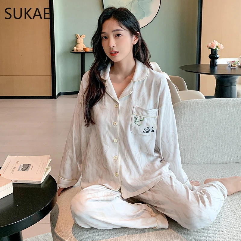 SUKAE M-5XL Autumn Winter Lady Home Clothes Faux Cotton Nightwear Lapel Pjs Fashion Turn-down Collar Sleepwear Woman Pajamas Set