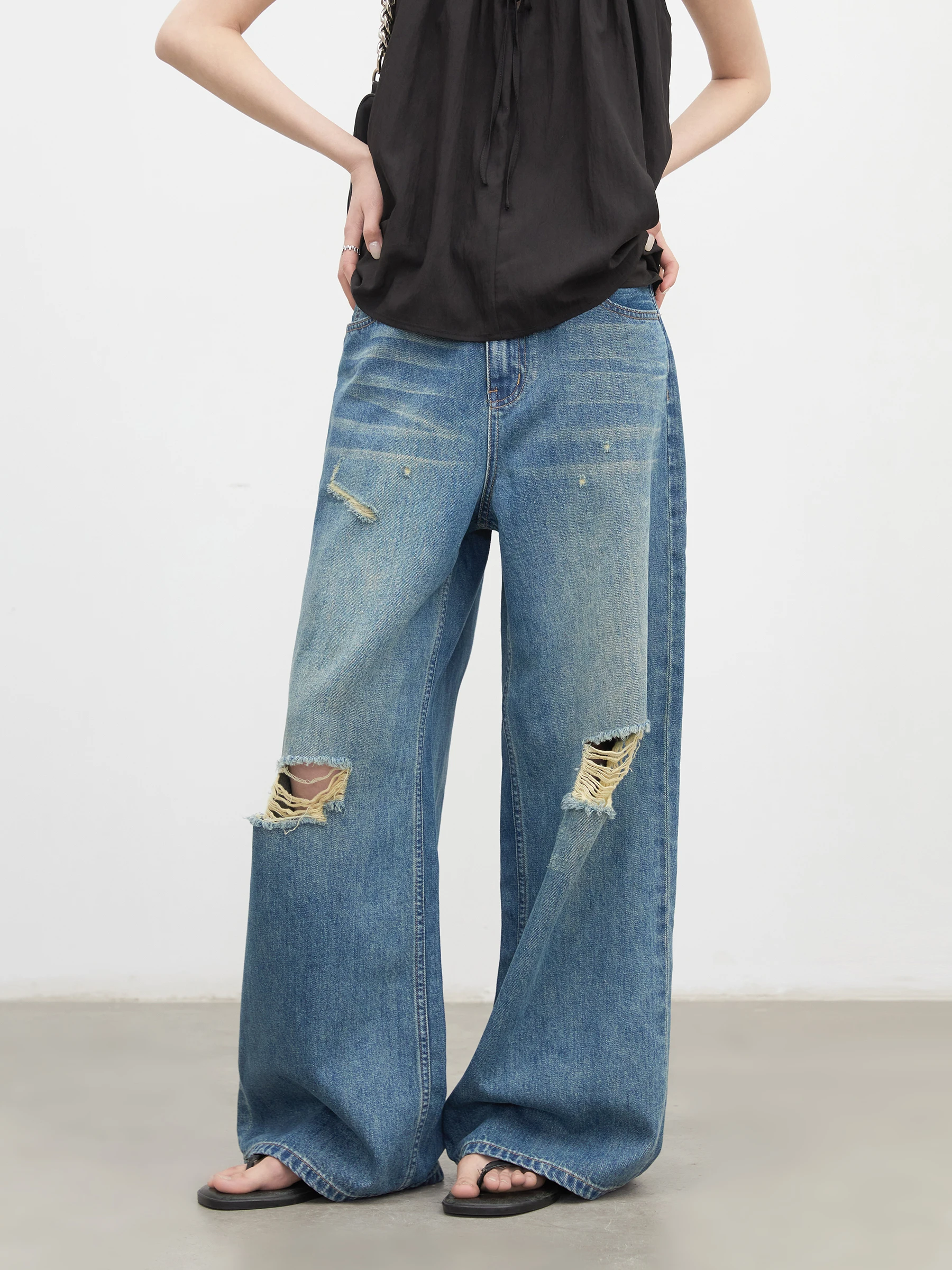 

Blue Washed Vintage Denim Jeans Women's Lazy Wide Leg Long Pants CHICVEN Heavy Industry Cotton Summer Skin-friendly Breathable