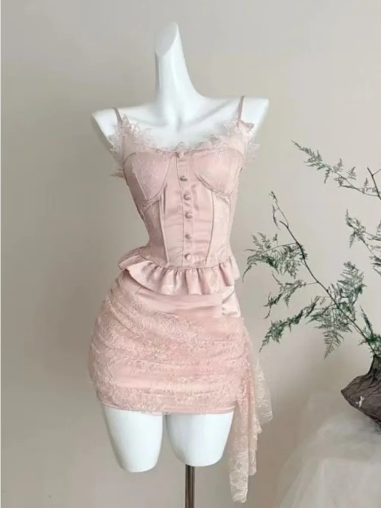Sweet Kawaii Vintage Japanese Dress Women Y2K Beach Party 2-Piece Dress Set Casual Ruffle Lace Vacation Flowy Sheer Layered  New