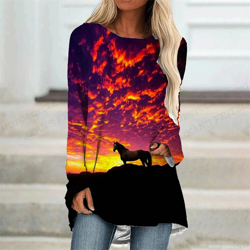 Horse T Shirt Animal 3d Print T-shirt Women Fashion T-shirt Long Sleeve Tops Tees Ladies Tshirt Loose Camisetas Femme