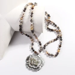 New vintage elegant Bohemian style 6mm natural bamboo agate /Glass layers deep sea black shell Pendant Necklaces