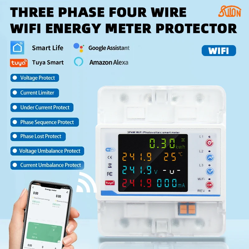 Tuya WiFi 3*220/380V 5(80)A Smart Bidirectional Energy Meter Over Under Voltage Protector Relay Switch Current Limiter Smart 4P