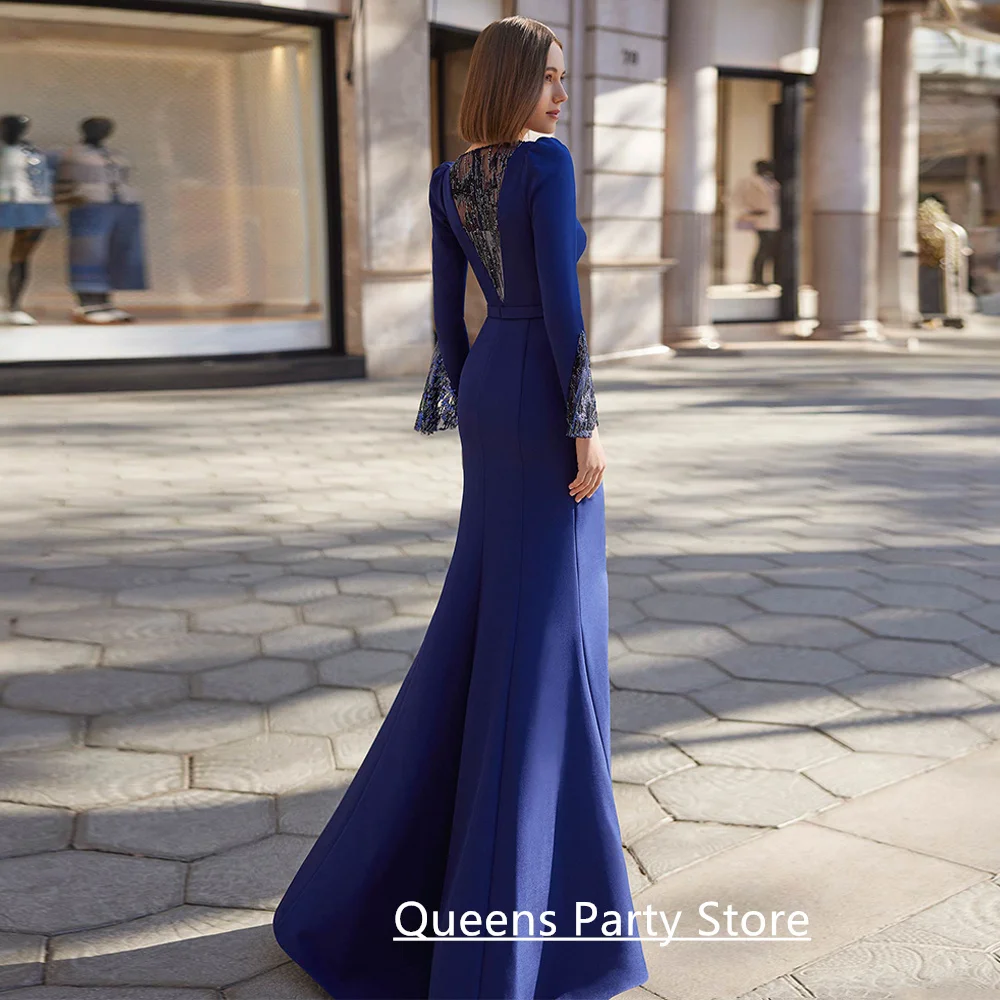 Marineblaues Kleid für die Brautmutter, maßgeschneidert, Rundhalsausschnitt, lange Ärmel, funkelnde Pailletten, Meerjungfrau-Partykleid, Kleider für Hochzeitsgäste