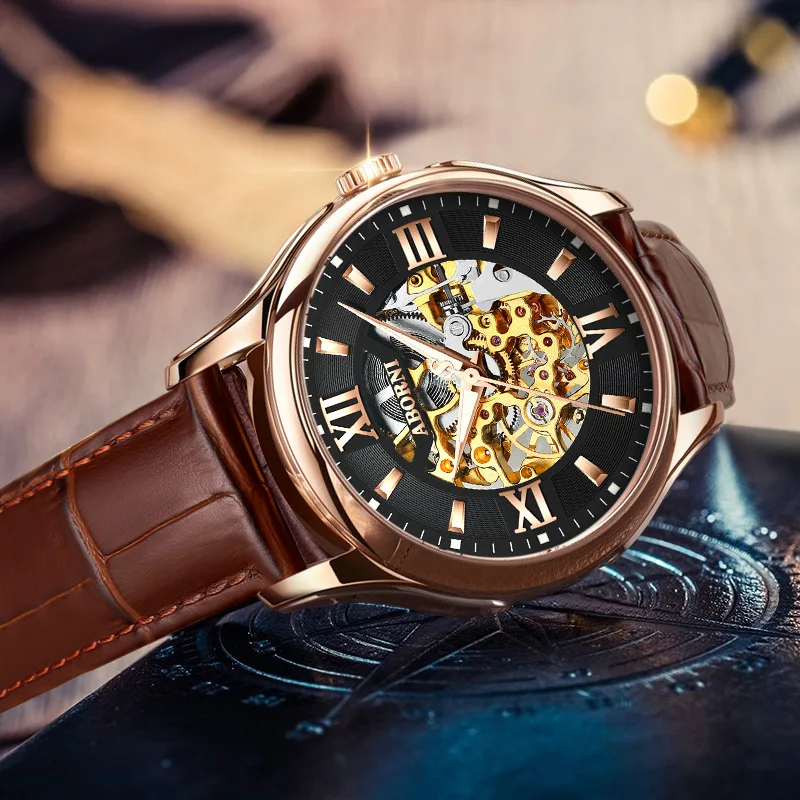 Fashion Hollow Engraving Black Golden Case Leather Skeleton Mechanical Watches Men Luxury Brand Automatic Watch Heren Horloge