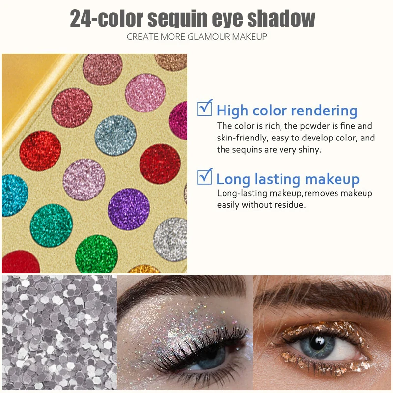 24 Colours Sequin Eyeshadow Palette Golden Glitter Finish Eyeshadow PaletteWaterproof Smokey Beauty Face and Body Glitter Makeup