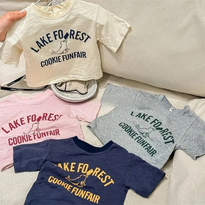

New Summer Toddlers Kids Letters Printed T-shirts Short Sleeve Tops Korean Style Children Casual Tees