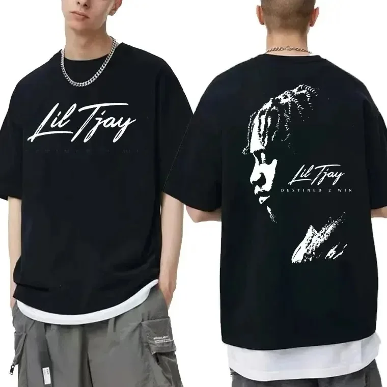 Rapper Lil Tjay Destined 2 Win Double Sided Print T-shirt Men\'s Black Cotton Tshirt Men Women Fashion Oversized Hip Hop T Shirts