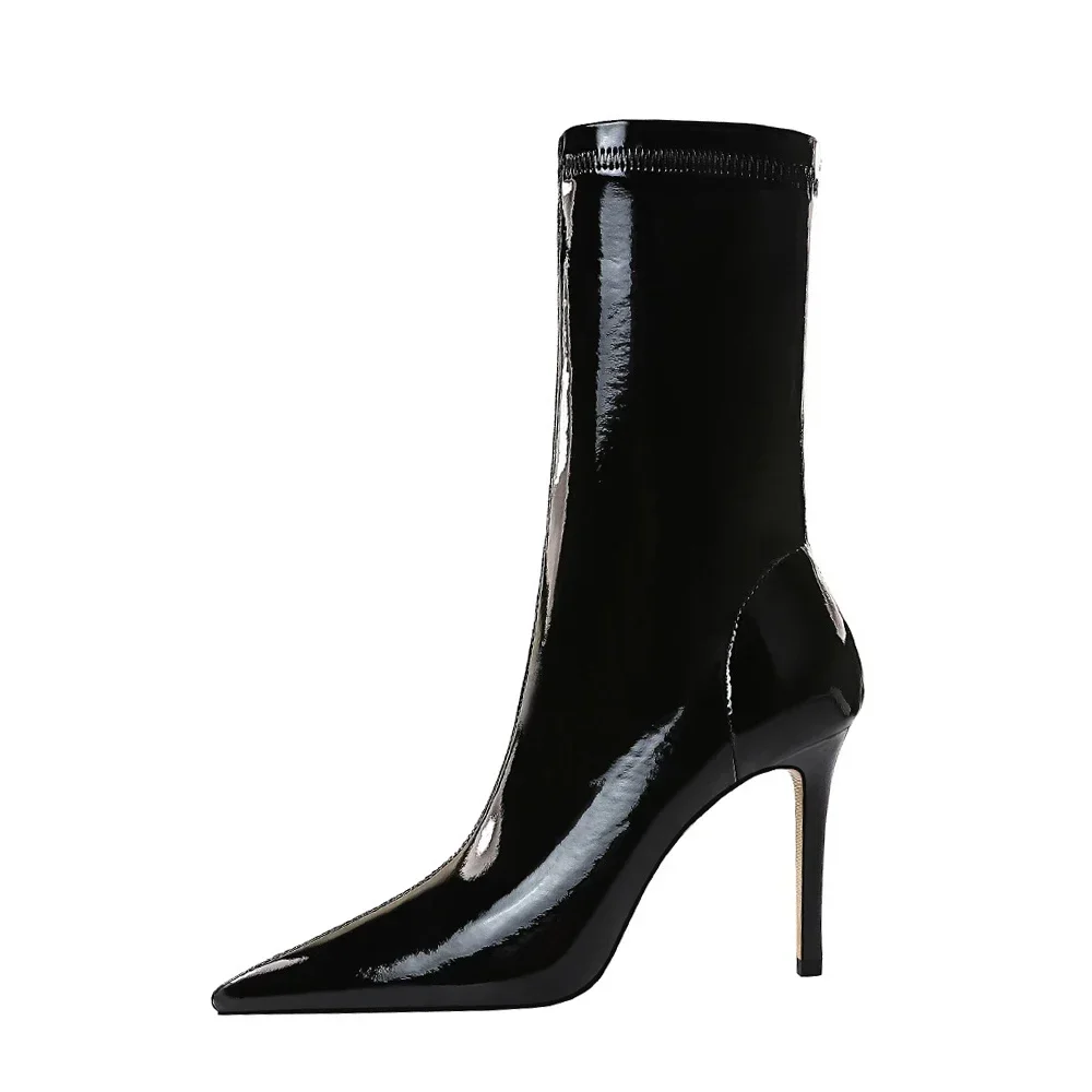 BIGTREE Shoes Stiletto Pointed Toe ANKLE Boots Black Patent Leather Sexy Thin High Heel Boots Winter Boots Pole Dancing