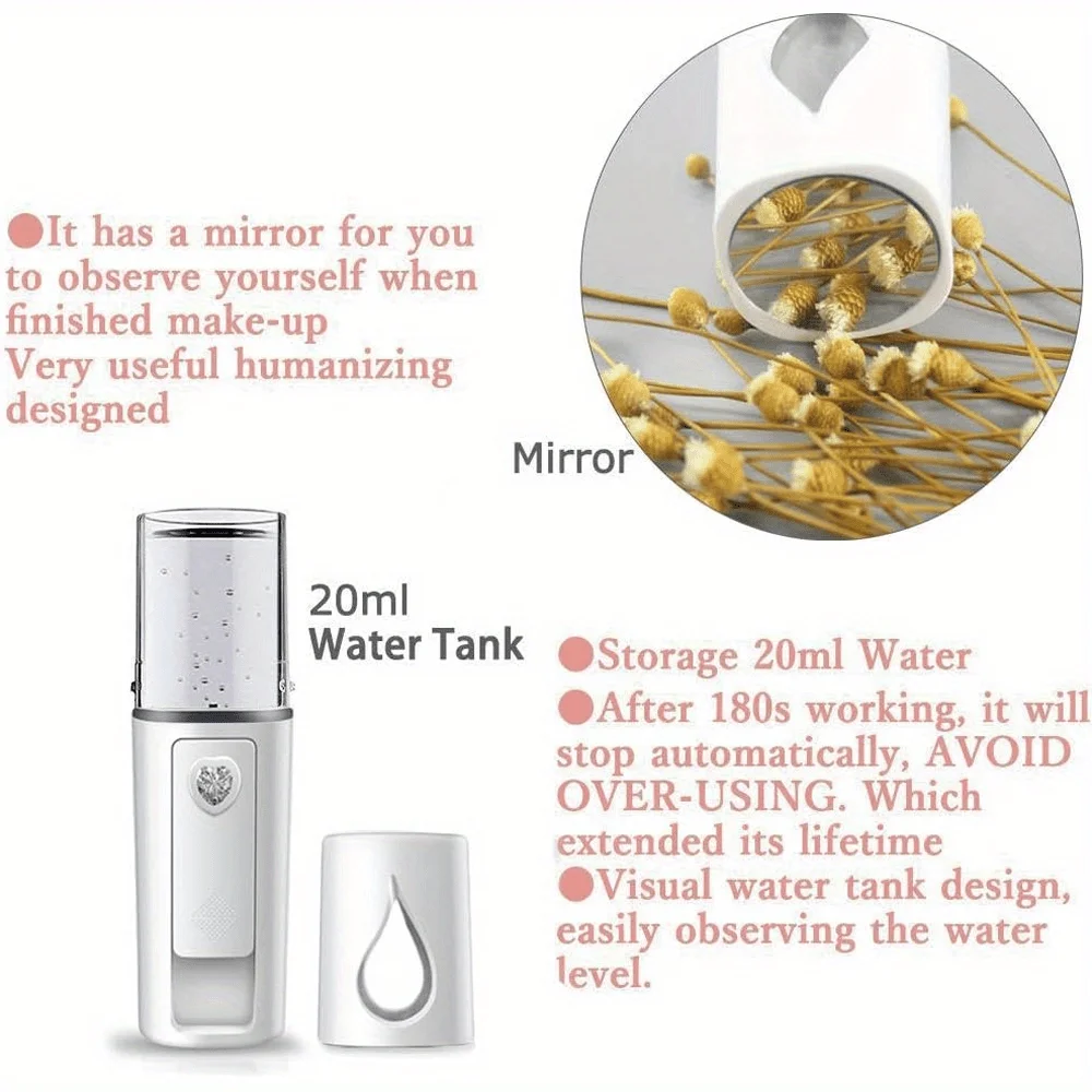 Plastic USB Rechargeable Nano Facial Mister, Portable Handheld Mini Humidifier with Visual Water Tank, Multi-Room Personal Face