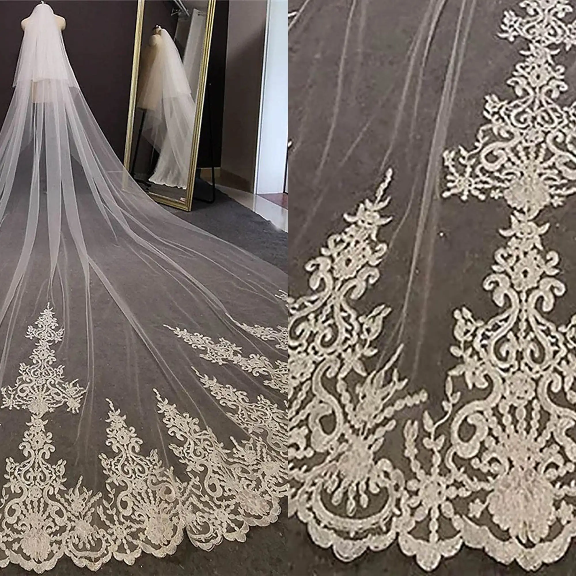 

Generous Wedding Veil Appliques Lace Two Layer Long Cathedral Length Veils Applique Edge Velo De Cabeza Custom Made High Quality