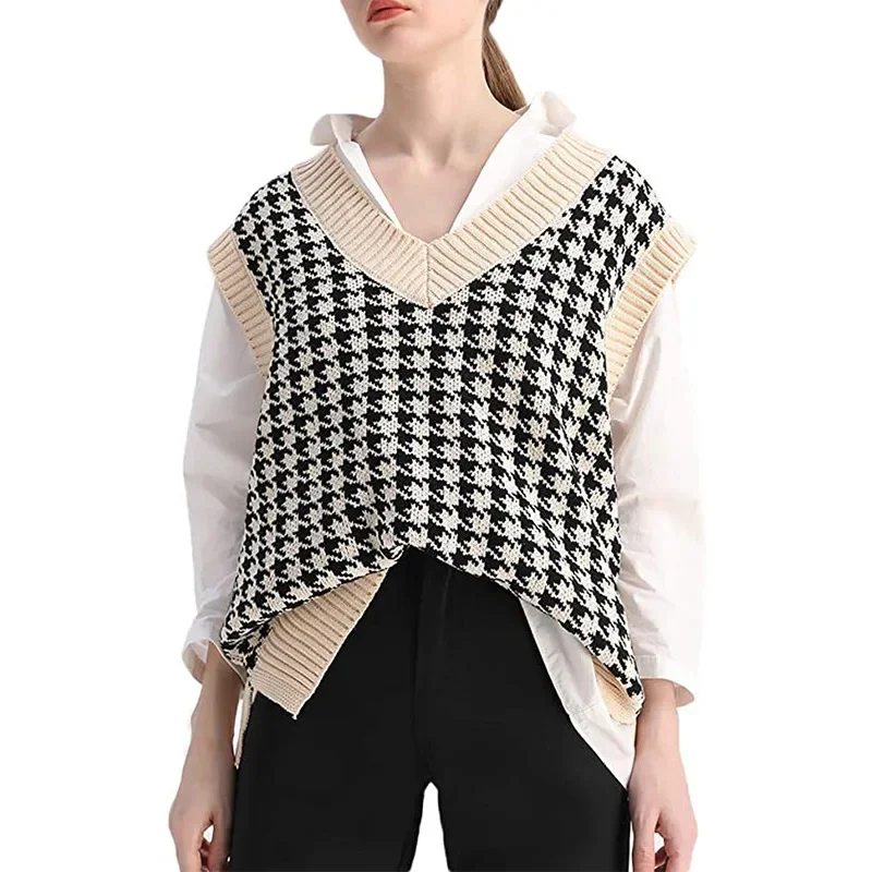 Women V Neck Sweater Vest Print Thick Sleeveless Spliced Casual Pullovers Solid Straight Jumpers Vests Elegant Lady Knit Warm