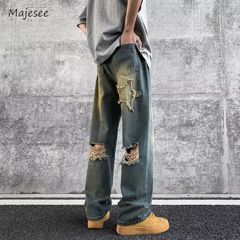 Mens Jeans Straight Retro Trendy Hole Teenagers Spring Autumn Patchwork Star Vintage Asymmetrical American Style High Street