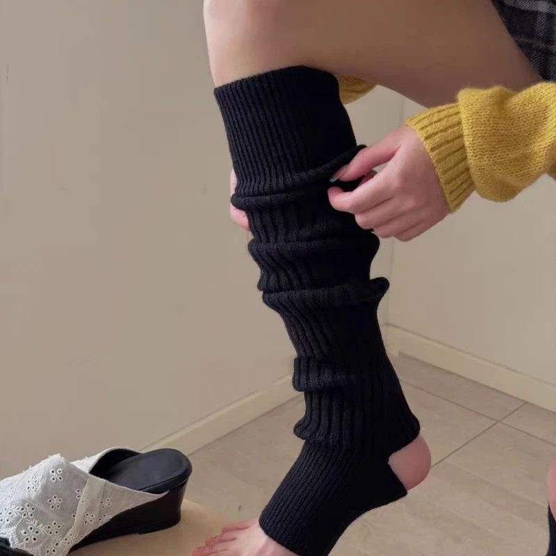 

Autumn Winter Thick Foot Protection Socks Solid Color Long Socks For Women Warm Knee Over Foot Cover Lolita Knitted Long Socks