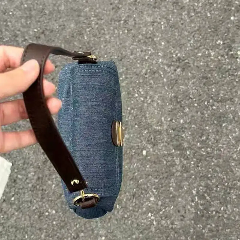 Women's Retro Contrast Color Denim Lock Pleated Bag Shoulder Underarm Bag Fashion Multifunctional Crossbody Bag Top Handle Bag