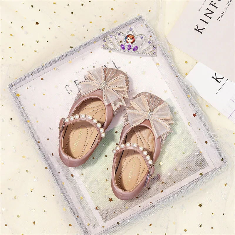 Girls' Pink Single Shoes Children's Beige Crystal Performance Flat Princess Shoes 2023 Flower Children's Bow Leather Shoes