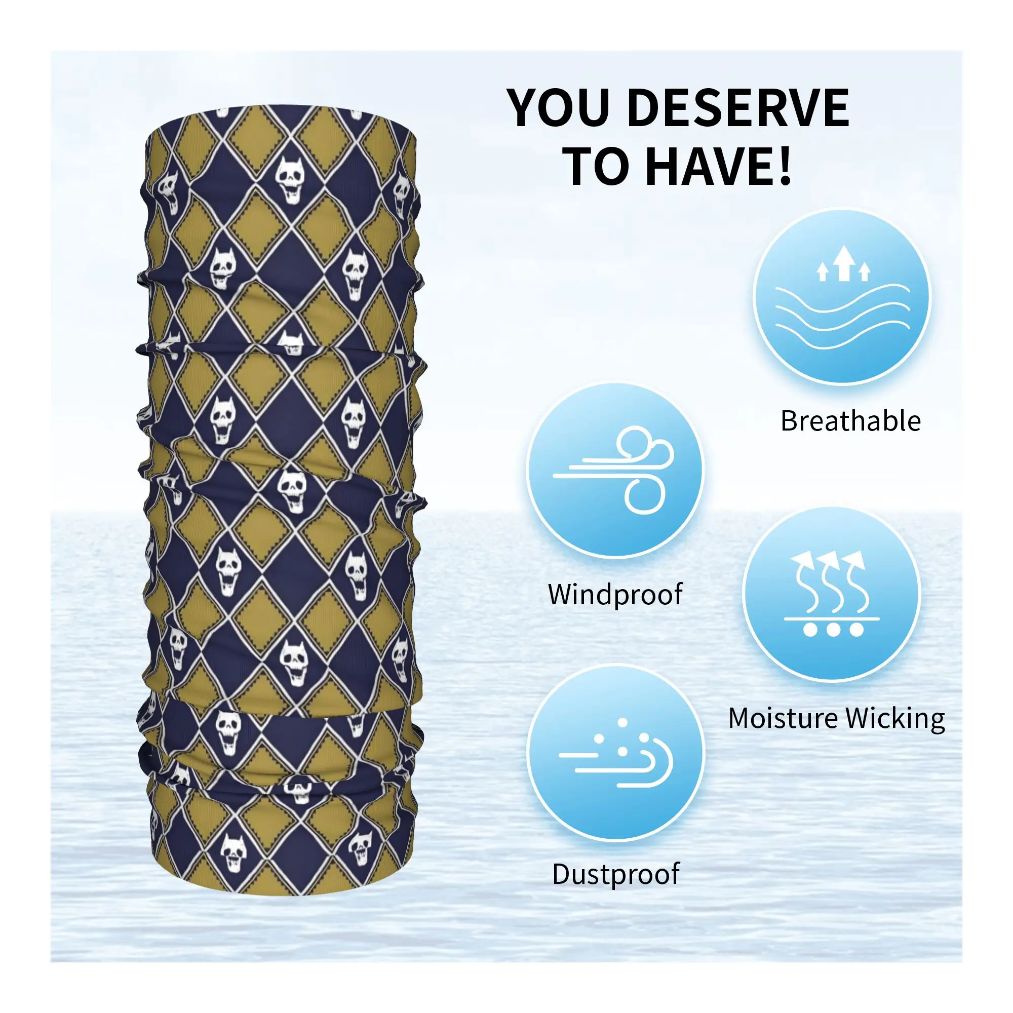 Custom JoJo Gold Blue Bandana Neck Gaiter Windproof Face Scarf Cover Women Men Yoshikage Kira Calavera Headwear Tube Balaclava view 3
