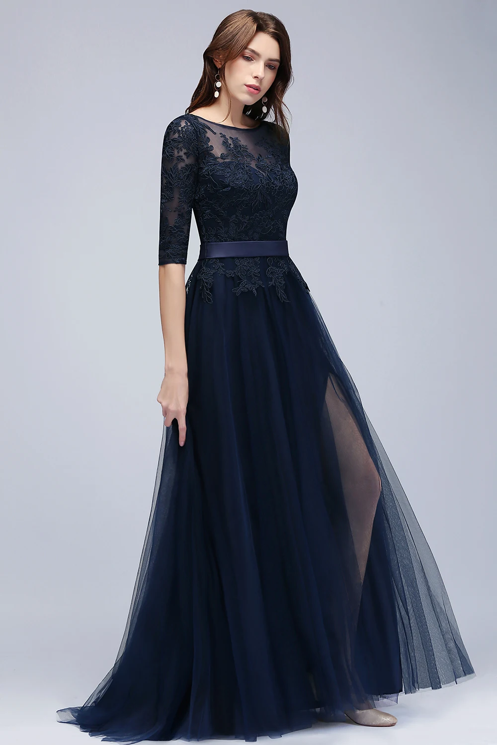 BABYONLINE Navy Blue Lace Long Evening Dress Elegant Half Sleeve Appliques Tulle Formal Party Prom Gown With Belt Robe De Soiree