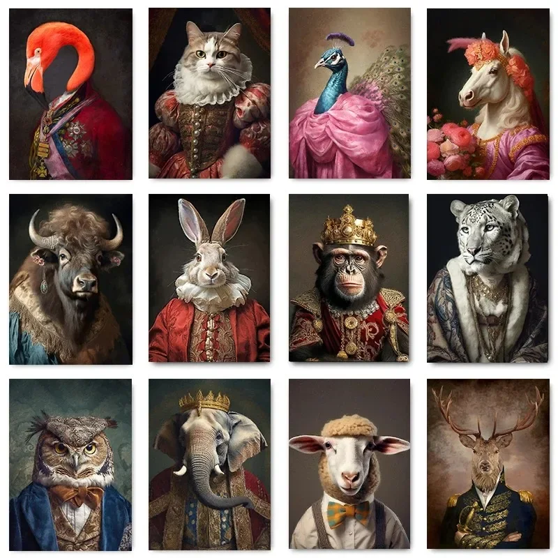 Gentleman Animal Portrait Monkey Deer Flamingo Bison Rabbit Posters and Prints Renaissance Canvas Painting Wall Art Home Deco