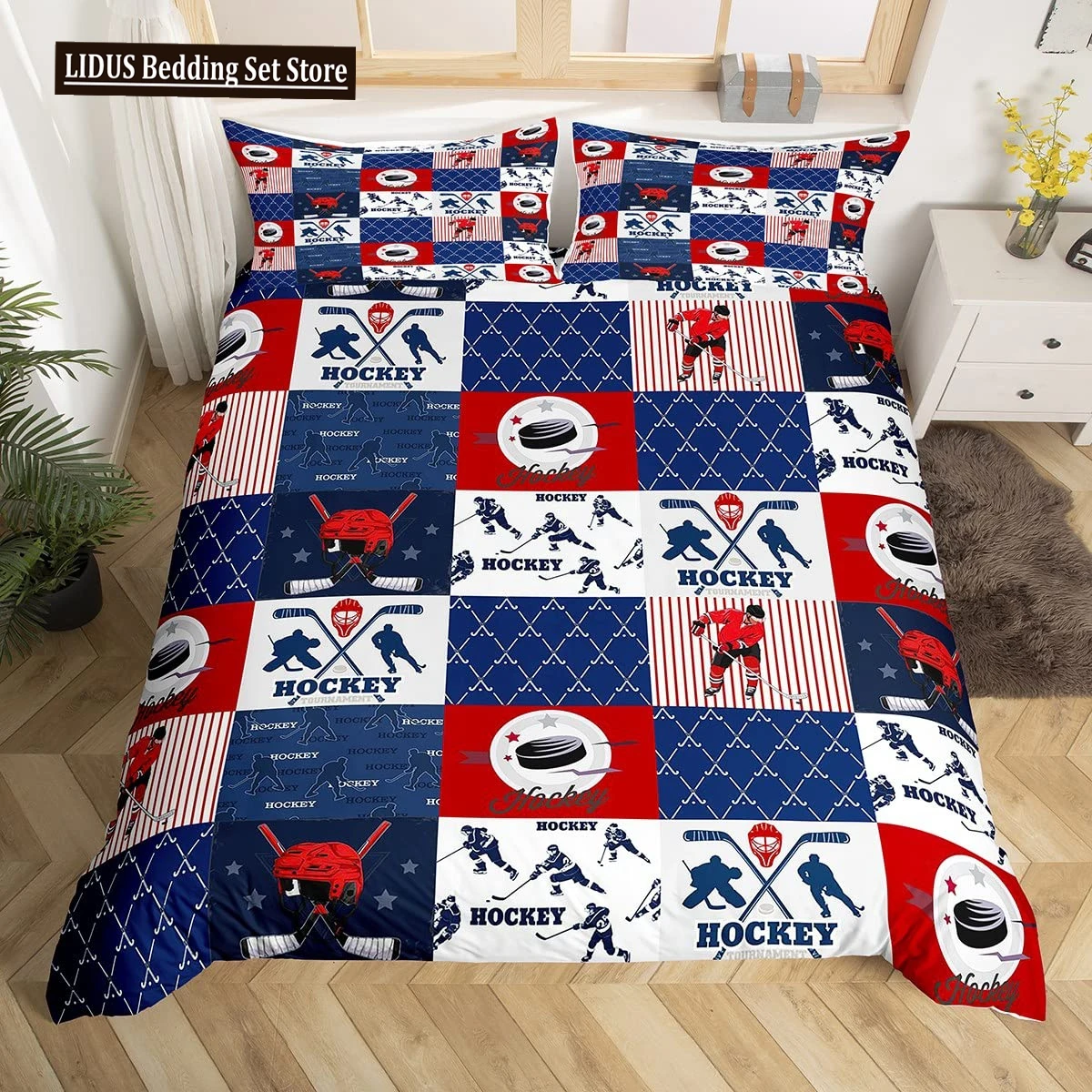 

Ice Hockey Duvet Cover Set Full Queen Size,Geometric Check Patchwork Stylish Bedding Set,Athlete Winter Sports Comforter Cover