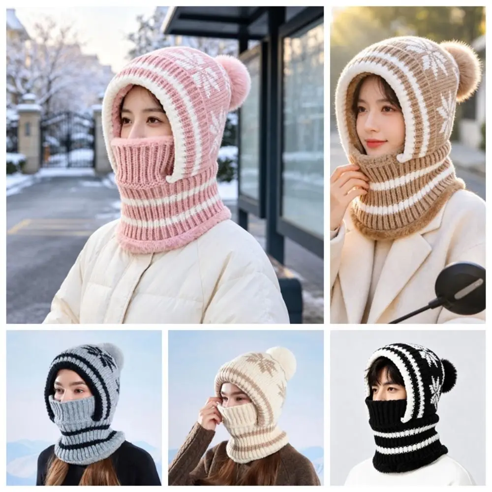 Fleece-gefütterte Strick-Balaclava-Mütze mit Schneeflocken-Jacquard, dick, warm, integrierter Schal, weiche, vollständig bedeckende Winter-Beanie-Maske – Detail 2