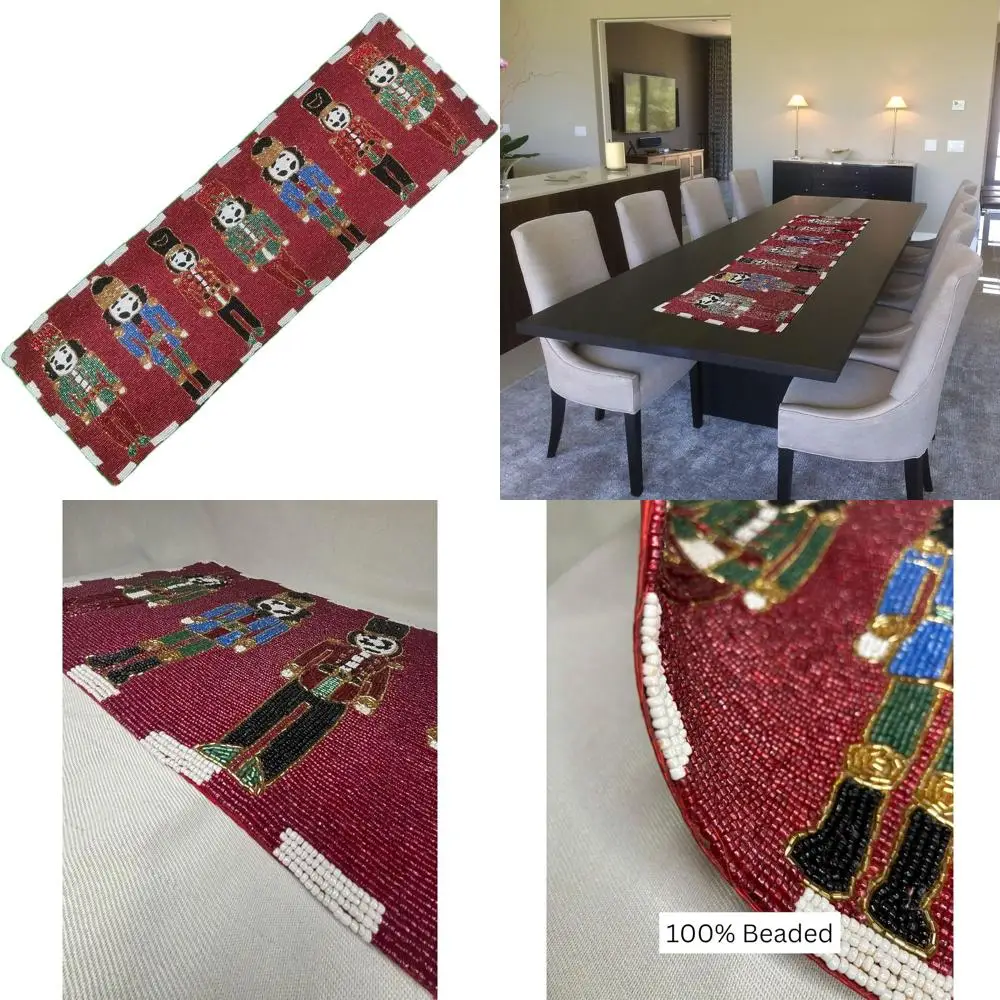 

Handcrafted Beaded Christmas Nutcracker Table Runner in Red, Green, Blue, White, Black - 36 Long Luxury Christmas & Housewarming