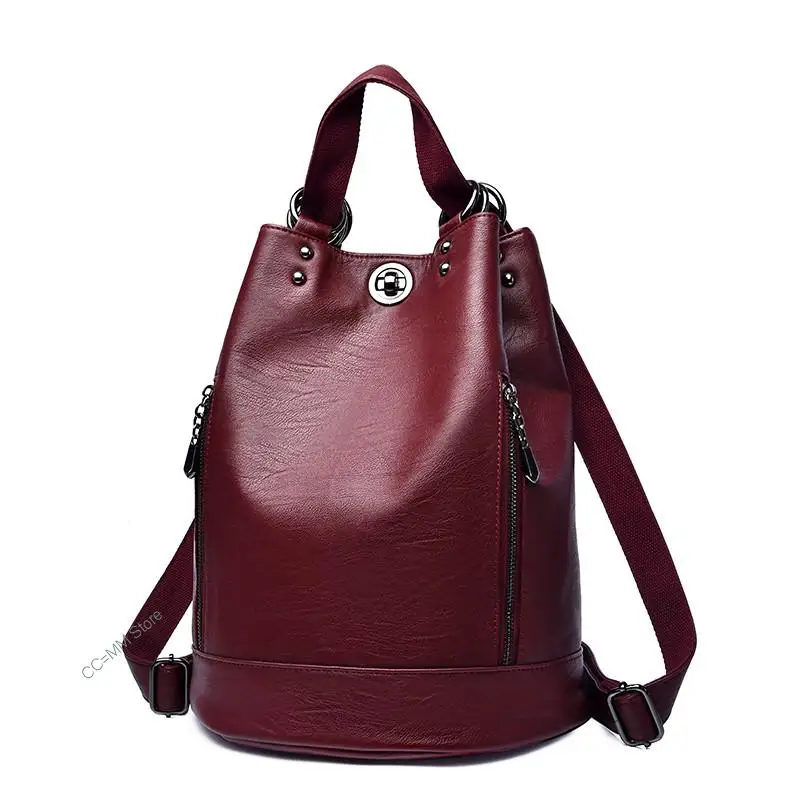 Brand Woman Backpack High Quality Leather School Bags Moto Style Women Backpacks Vintage Soft Lady Bucket Shoulder Bags