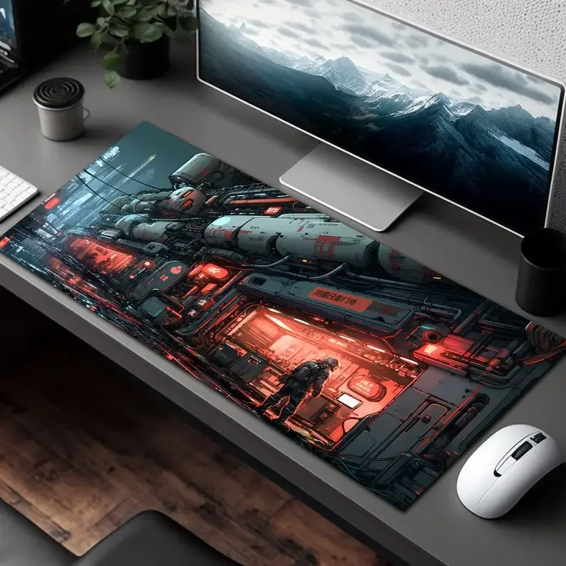 Alas Meja Besar Anime Science Fiction Factory, Alas Mouse Kota Masa Depan, Alas Meja Gaming Gamer PC Keyboard, Alas Mouse, Aksesoris Meja